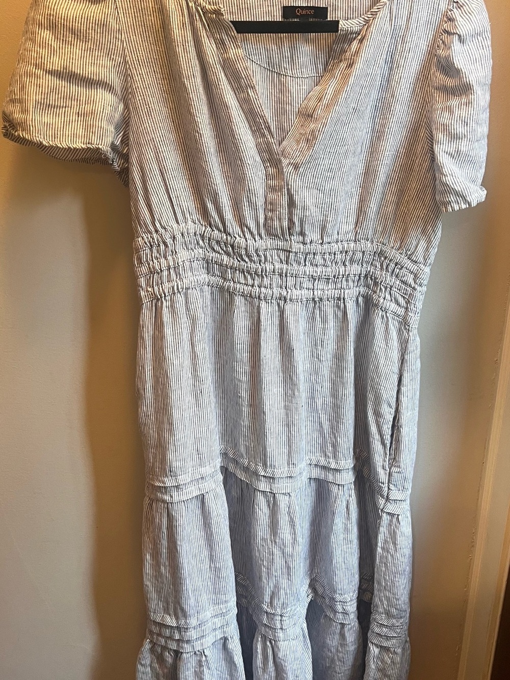 Quince Blue & White Striped Smocked Waist Dress